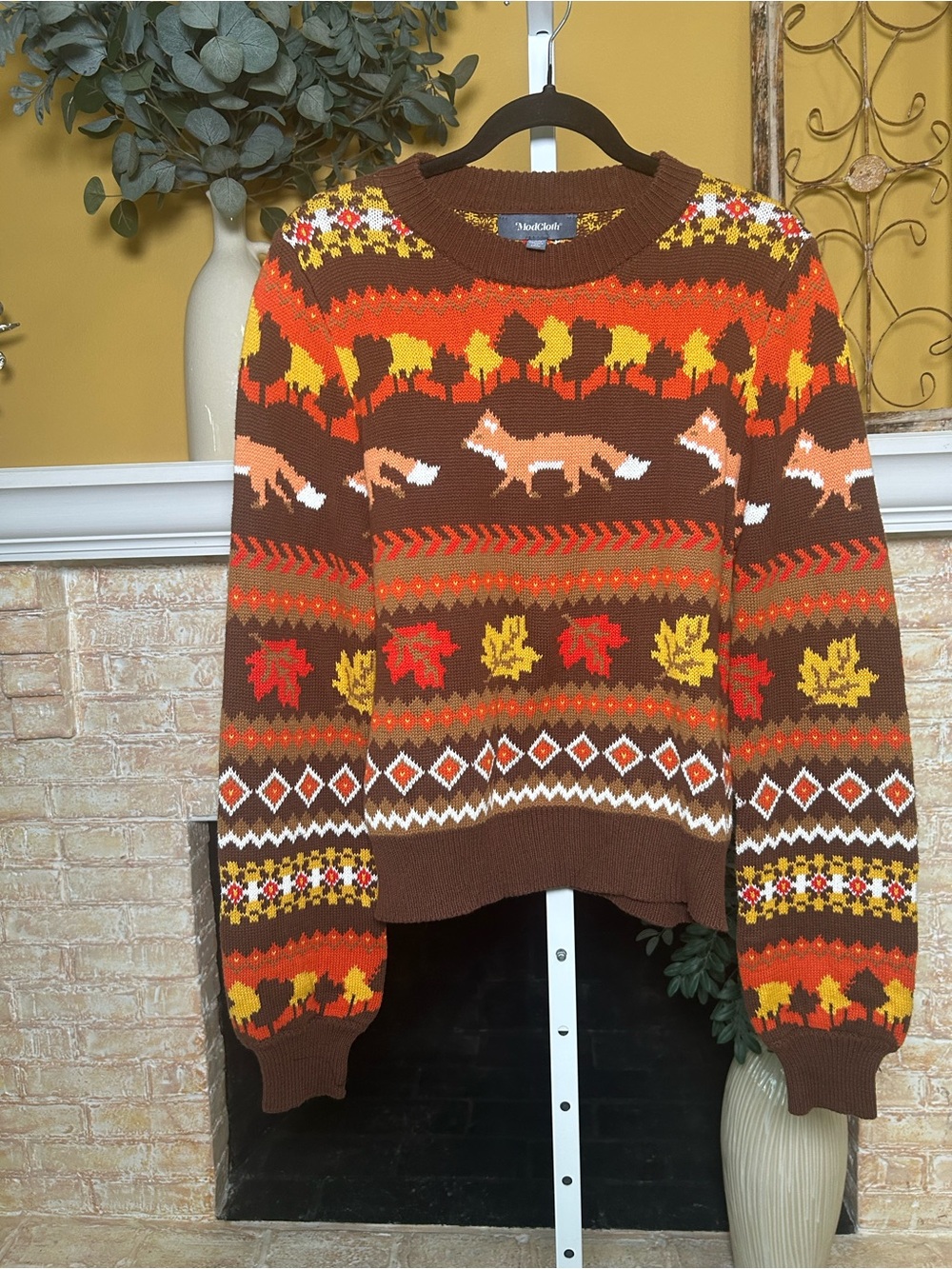 ModCloth Fox Fair Isle Sweater Womens M Brown Orange Autumn #C198 - Picture 2 of 11